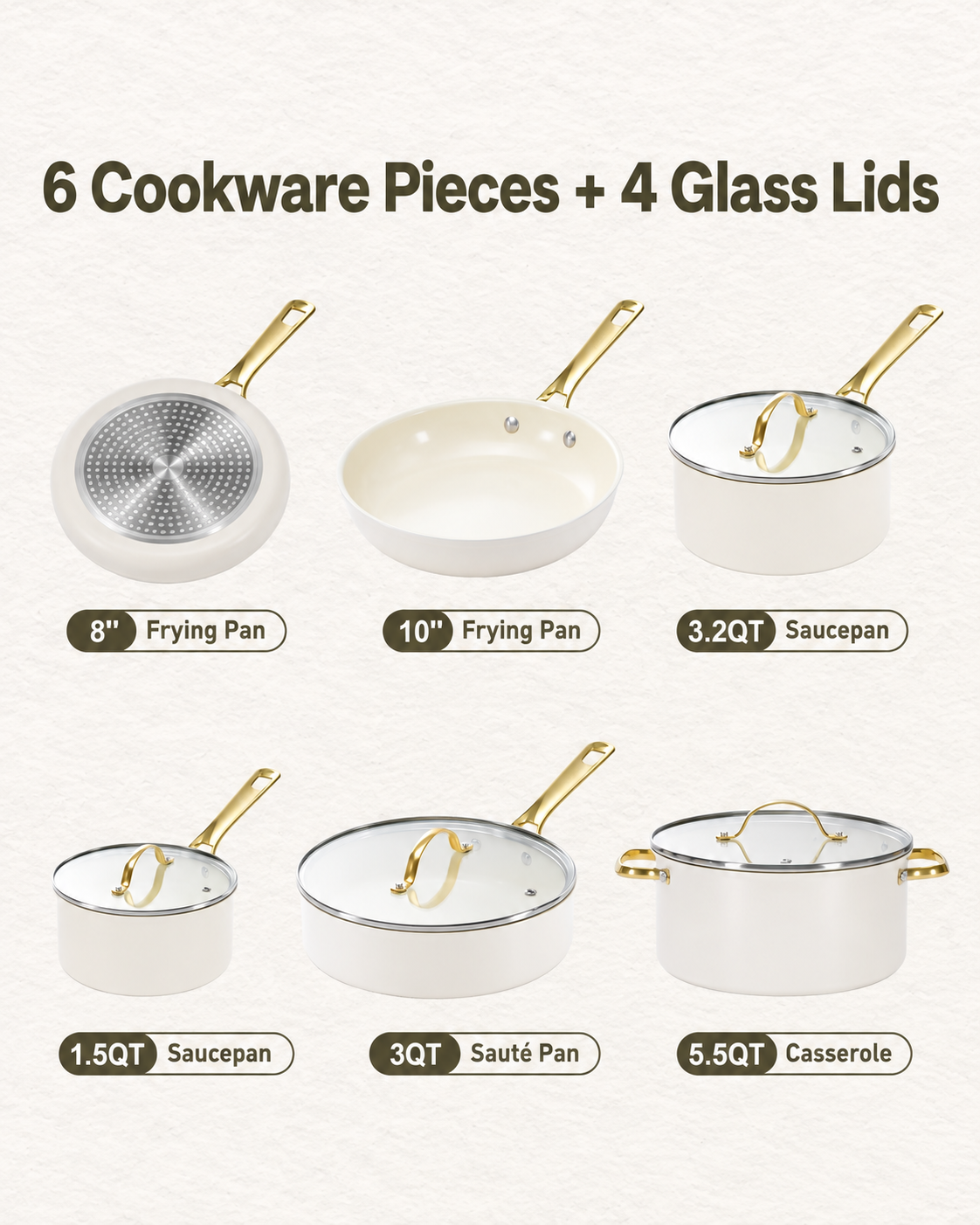 10 piece cookware set includes 6 cookware pieces and 4 glass lids