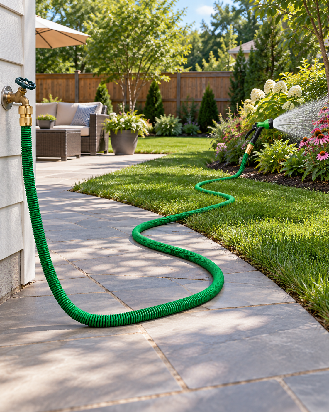 100FT expandable hose reaching across patio and garden for outdoor watering
