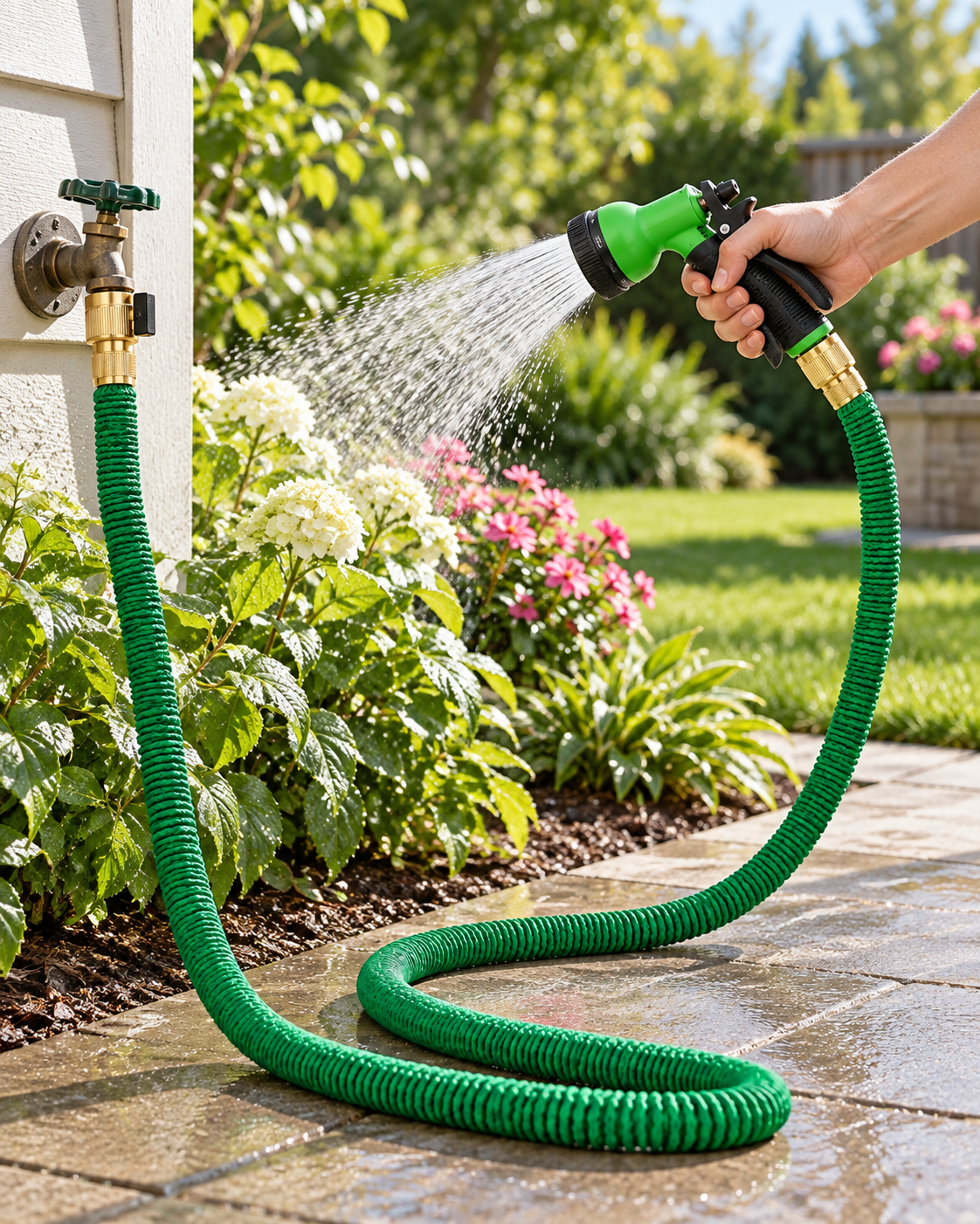 100FT expandable garden hose connected to outdoor faucet watering flowers