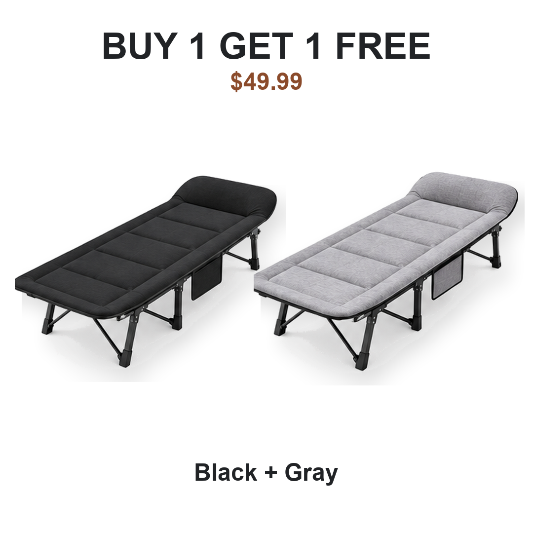 Buy one get one free camping cot pair: Cot #1 Black, Cot #2 Gray