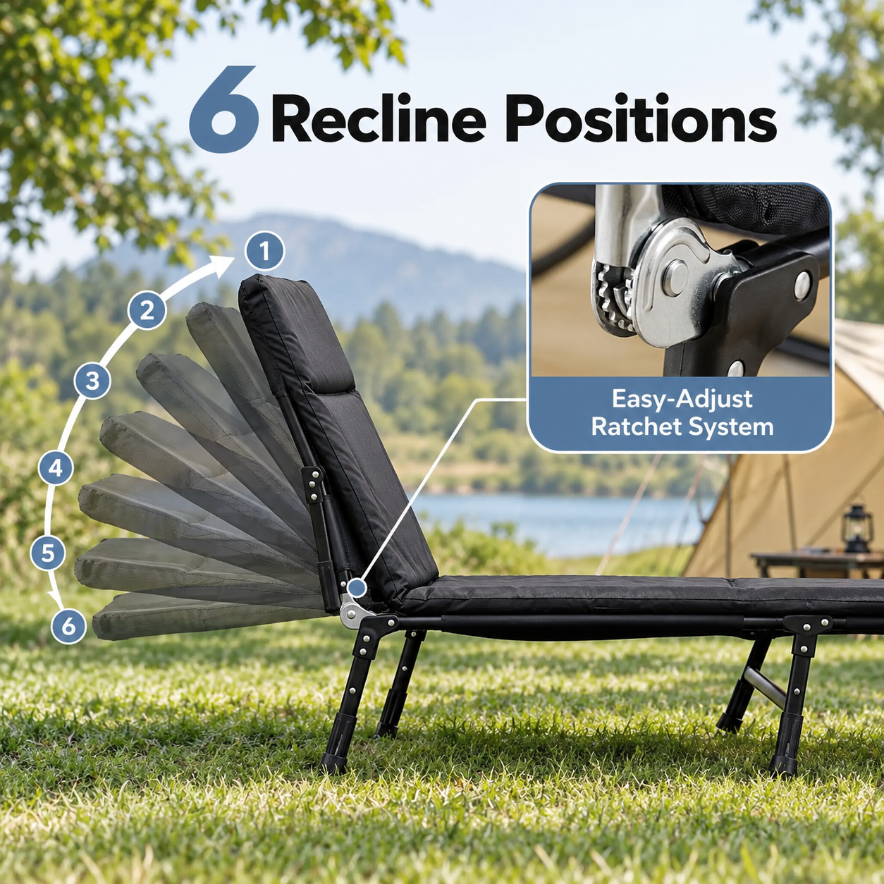 six position adjustable camping cot backrest hinge guide