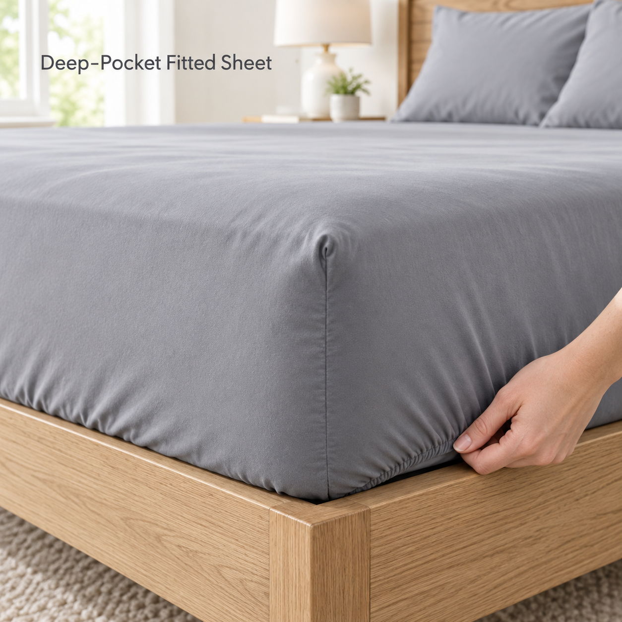 deep pocket fitted sheet secured around a mattress corner