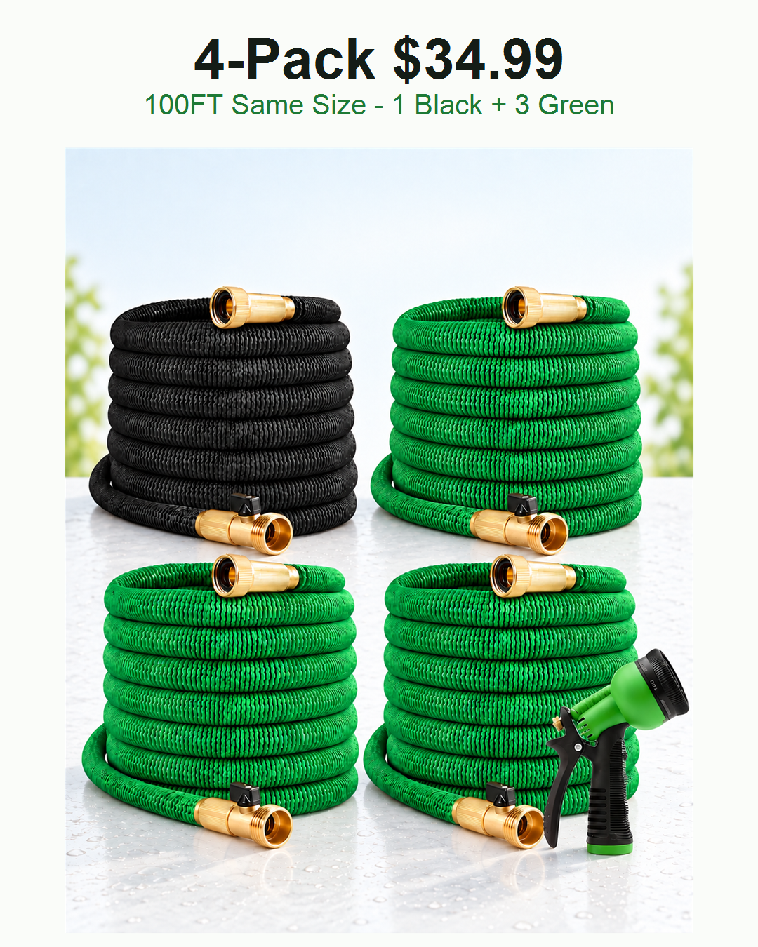 4 pack 100FT expandable garden hoses one black three green 34.99 USD
