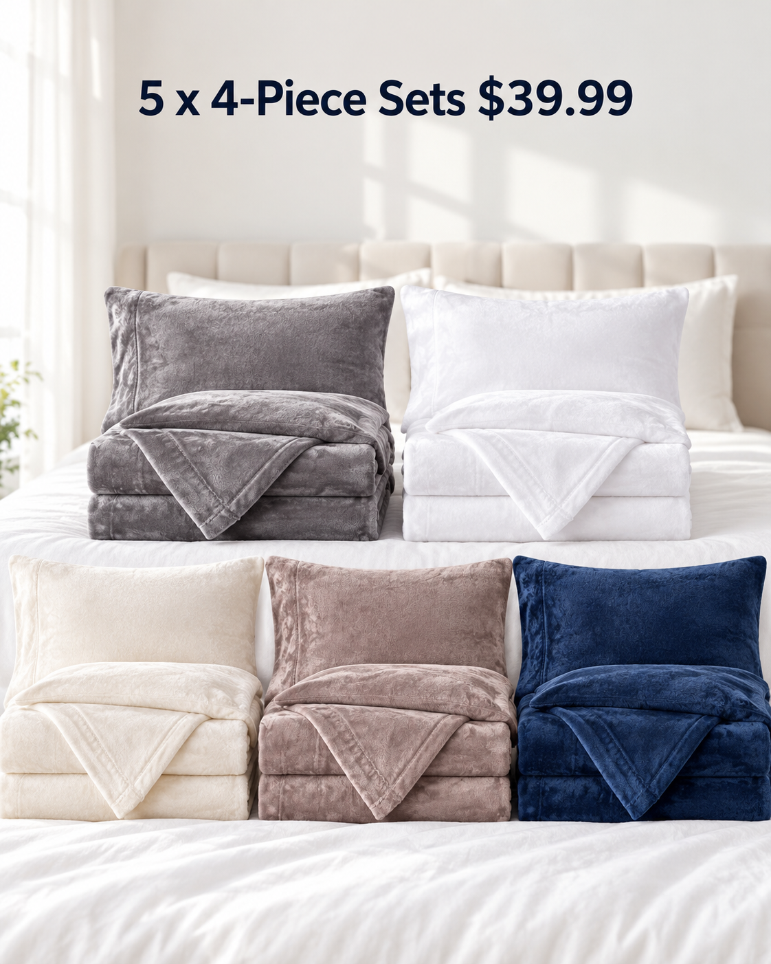 5 sets gray white cream taupe navy 4 piece velvet plush flannel sheet bundle 39.99 USD