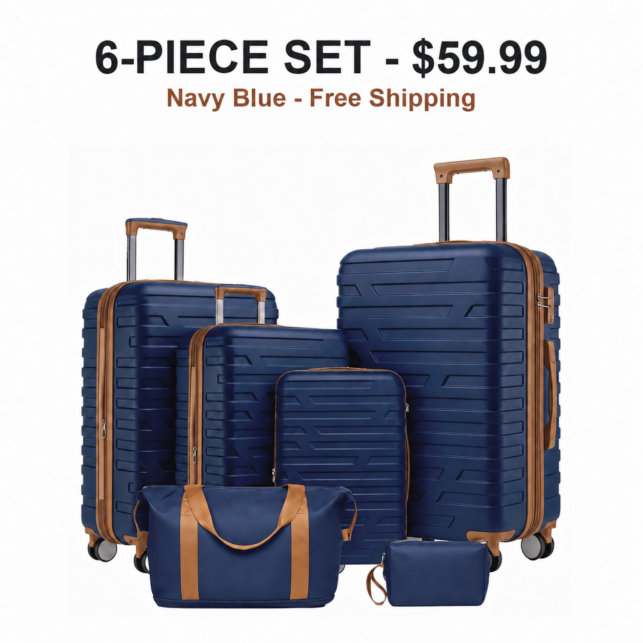 Navy Blue 6-Piece Set hardside luggage set for 59.99 USD with Free Shipping