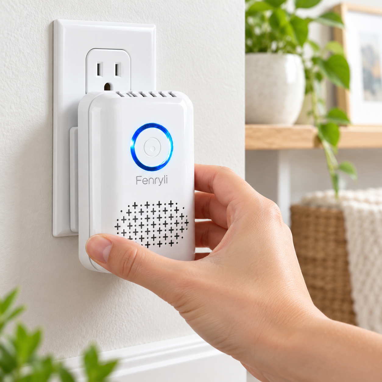 Fenryli plug in pet odor freshener being placed into a standard wall outlet