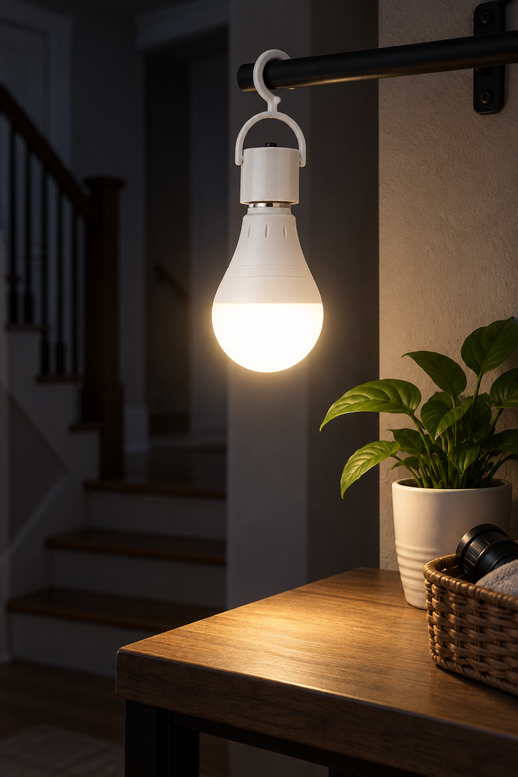 rechargeable emergency LED bulb hanging from a hook cap during a power outage