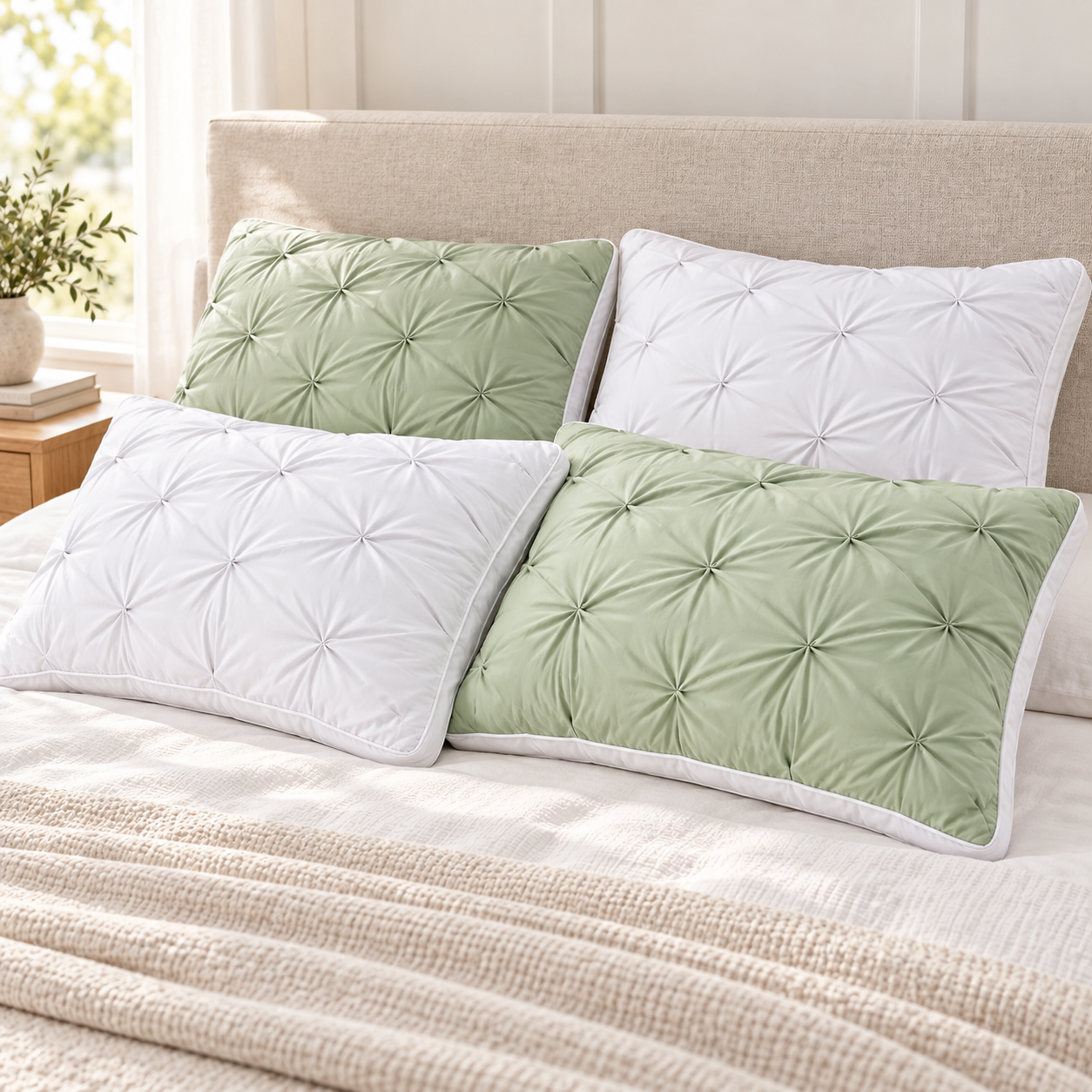 natural SKU scene for 4 pillow bundle White x2 + Sage Green x2