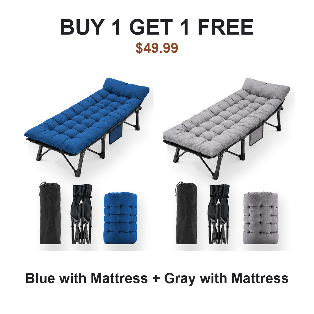 Buy one get one free camping cot pair: Cot #1 Blue with Mattress, Cot #2 Gray with Mattress