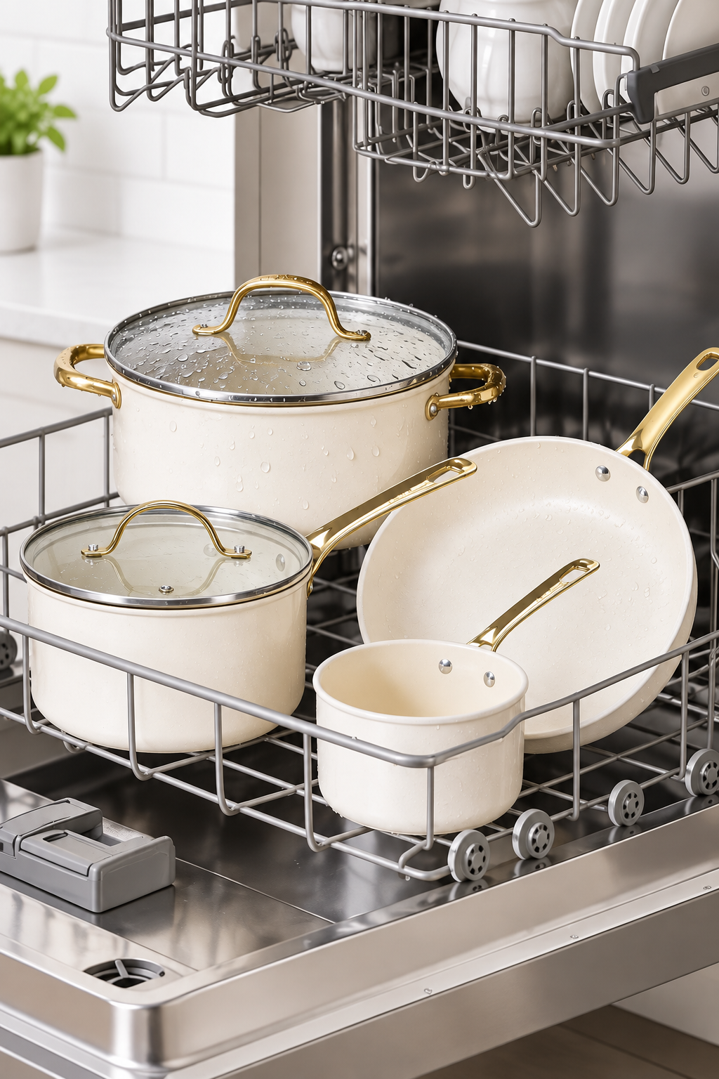 cream ceramic cookware set in dishwasher with straight gold handles and glass lids