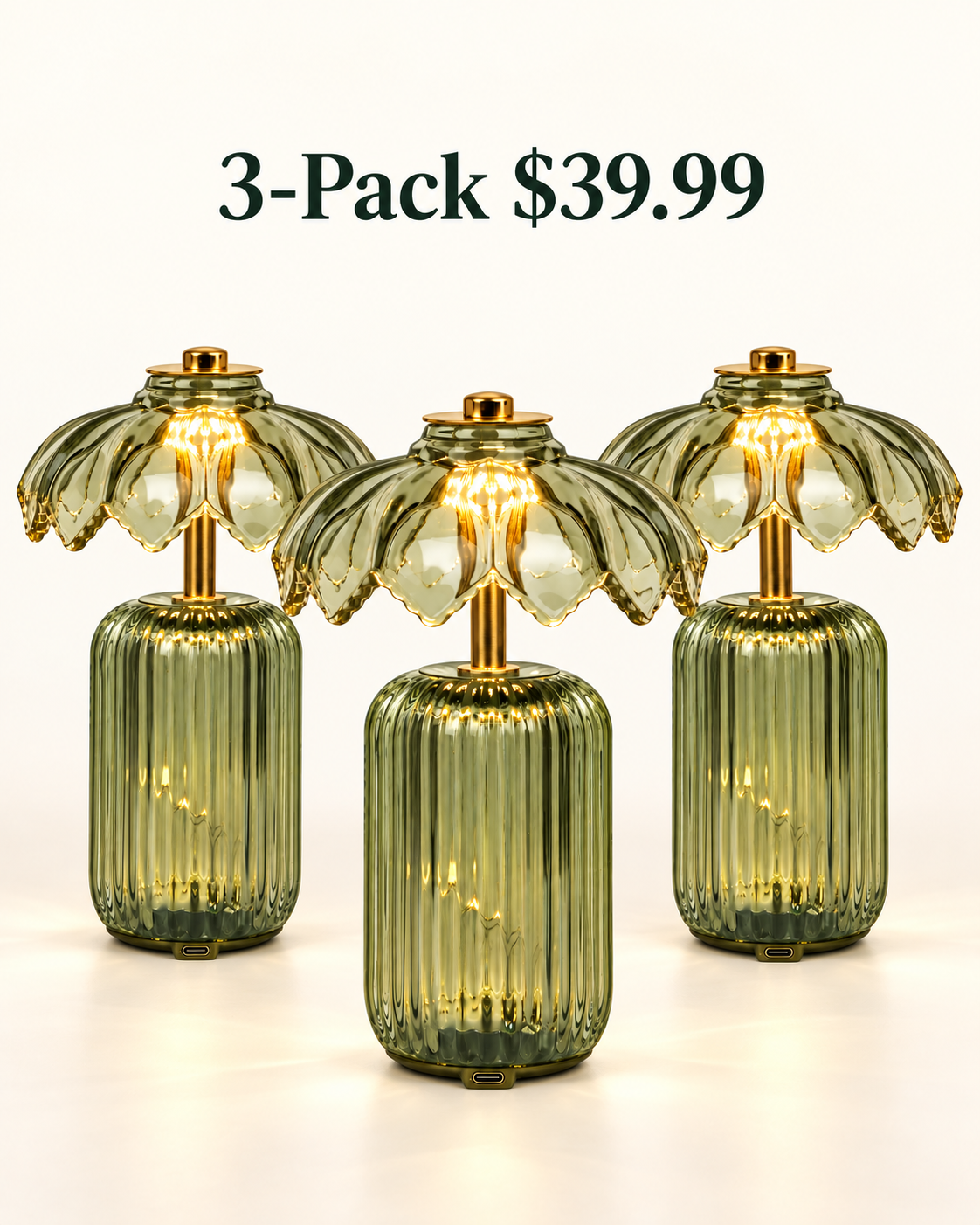 3-Pack green cordless flower crystal table lamps $39.99