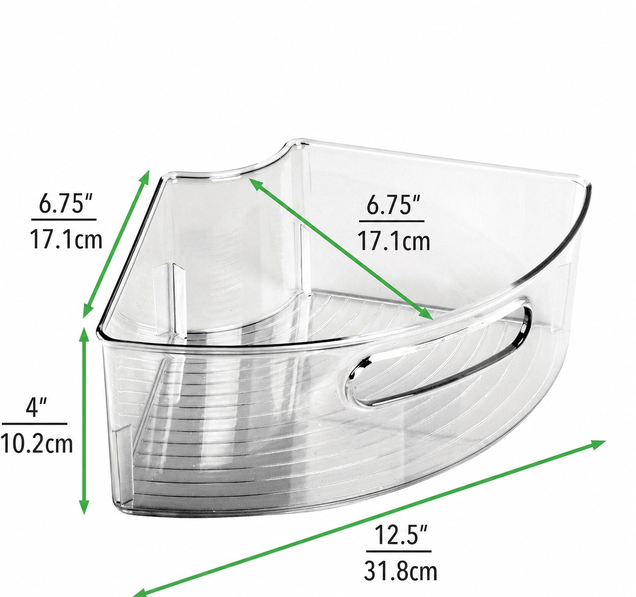 Curved storage bin dimensions twelve and a half by six and three quarter by four inches