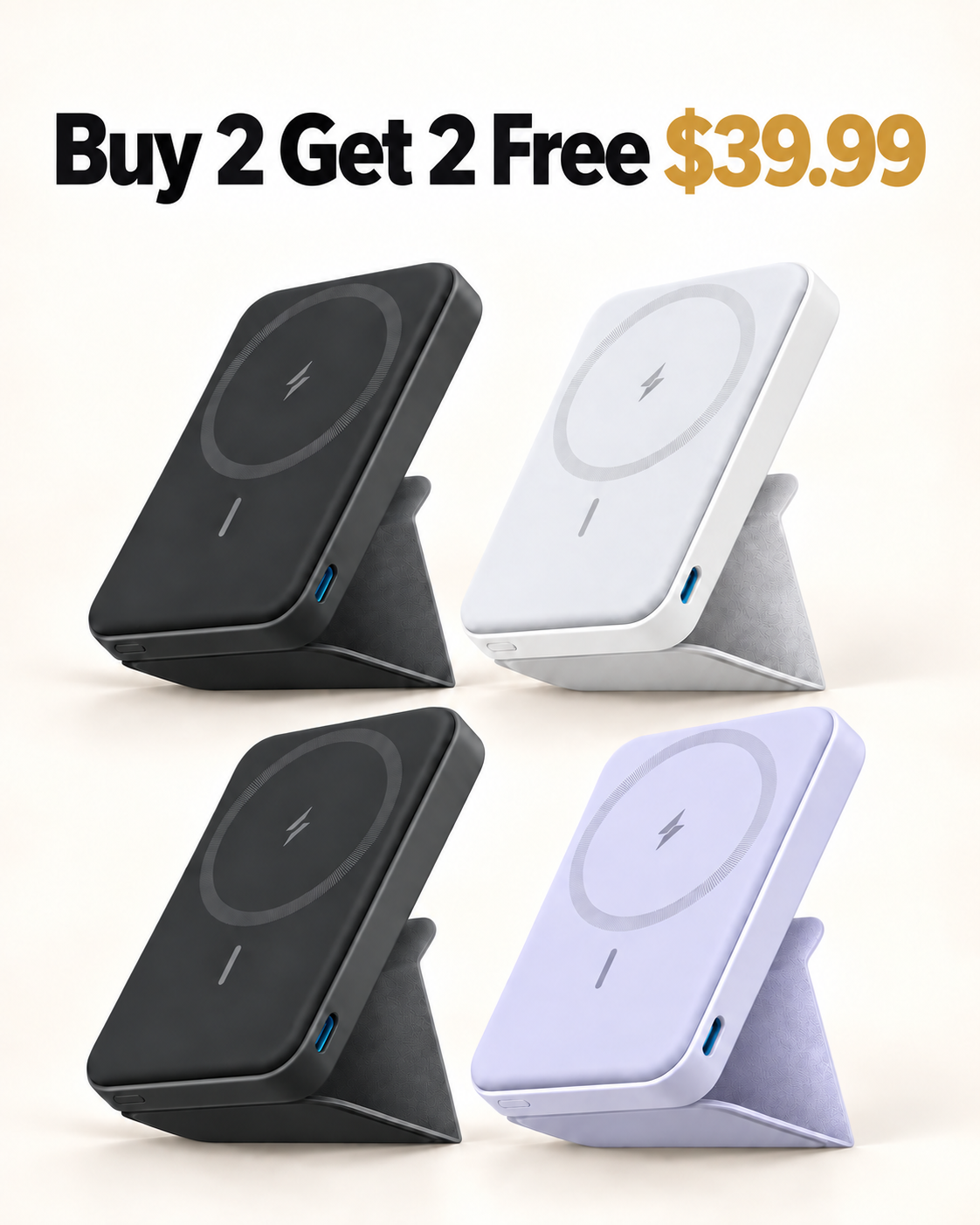 Buy 2 Get 2 Free magnetic power banks two Gray White and Lavender 39.99 USD
