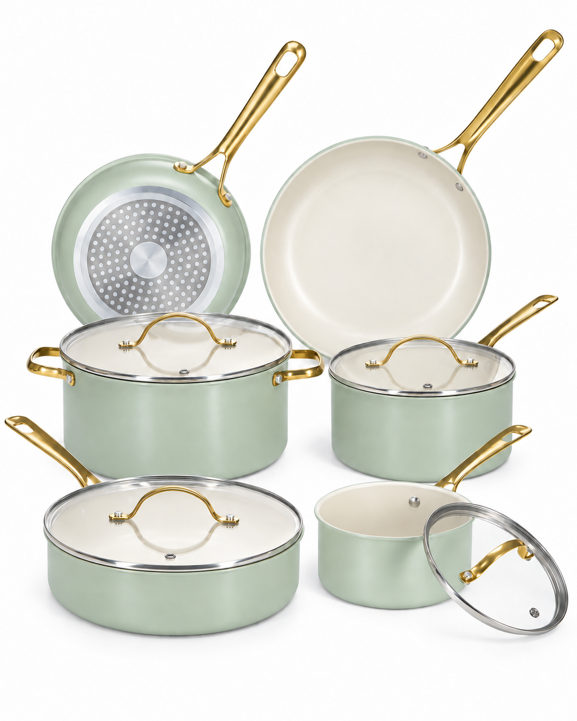 sage green ceramic nonstick cookware set with gold handles and glass lids