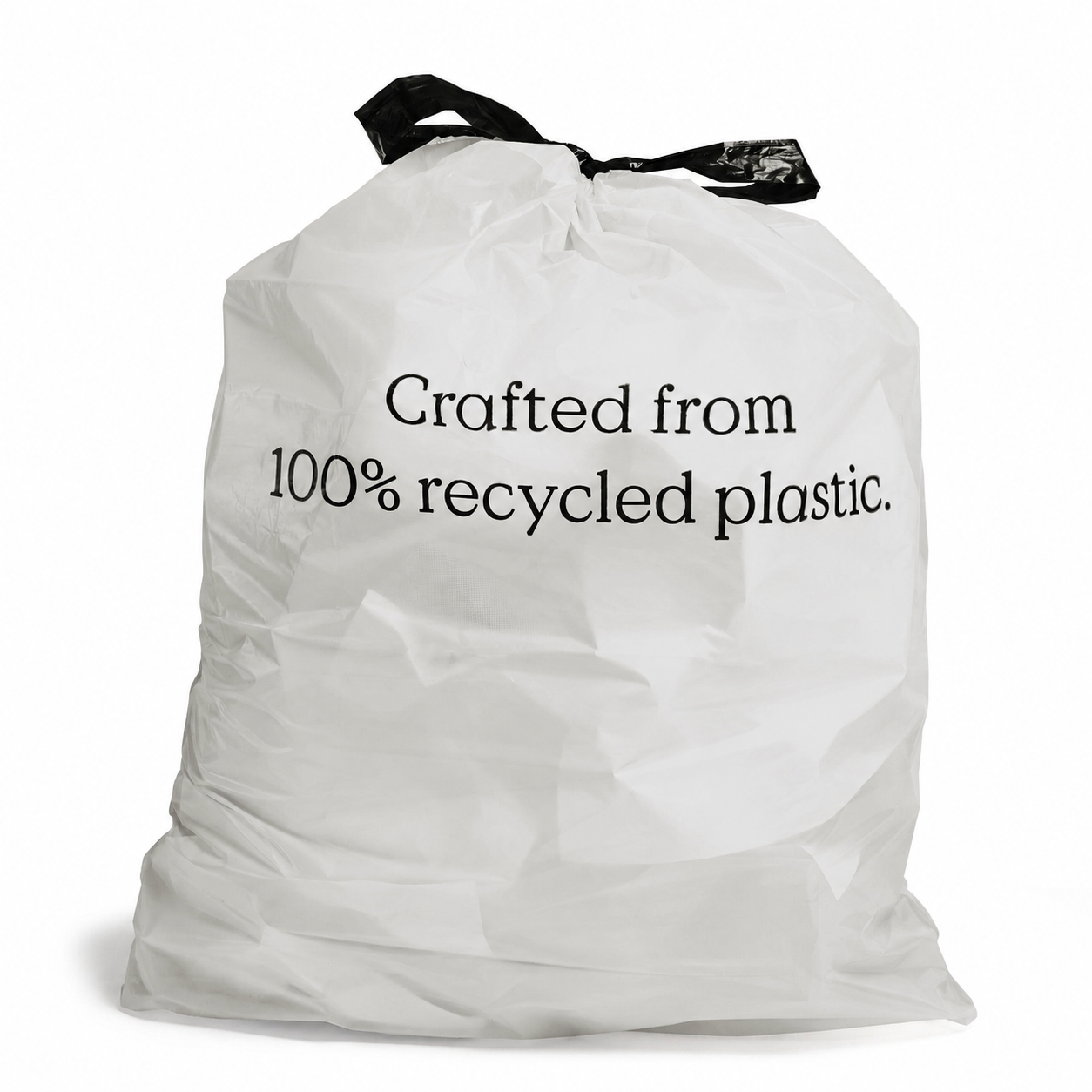 white recycled plastic drawstring trash bag