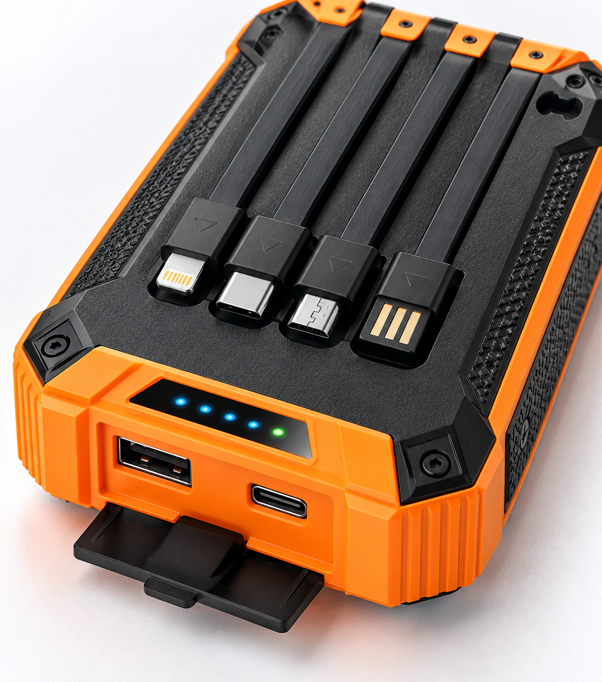 W22 solar power bank built in charging cables USB and USB C ports close up