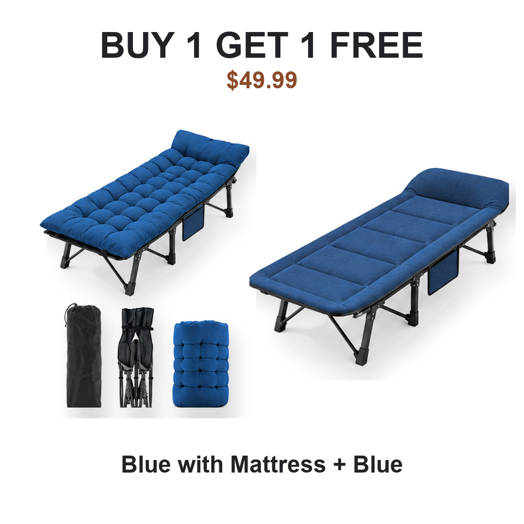 Buy one get one free camping cot pair: Cot #1 Blue with Mattress, Cot #2 Blue