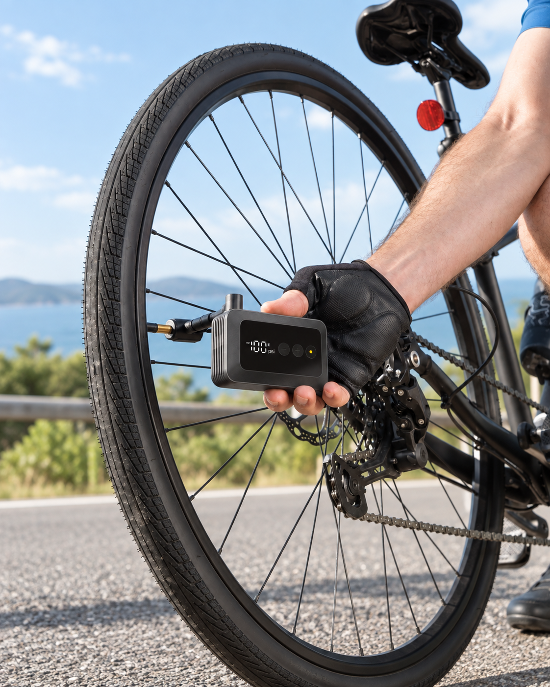 mini electric tire pump inflating a bicycle tire