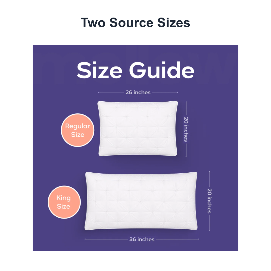 pillow size guide Standard 20 by 26 inches and King 20 by 36 inches