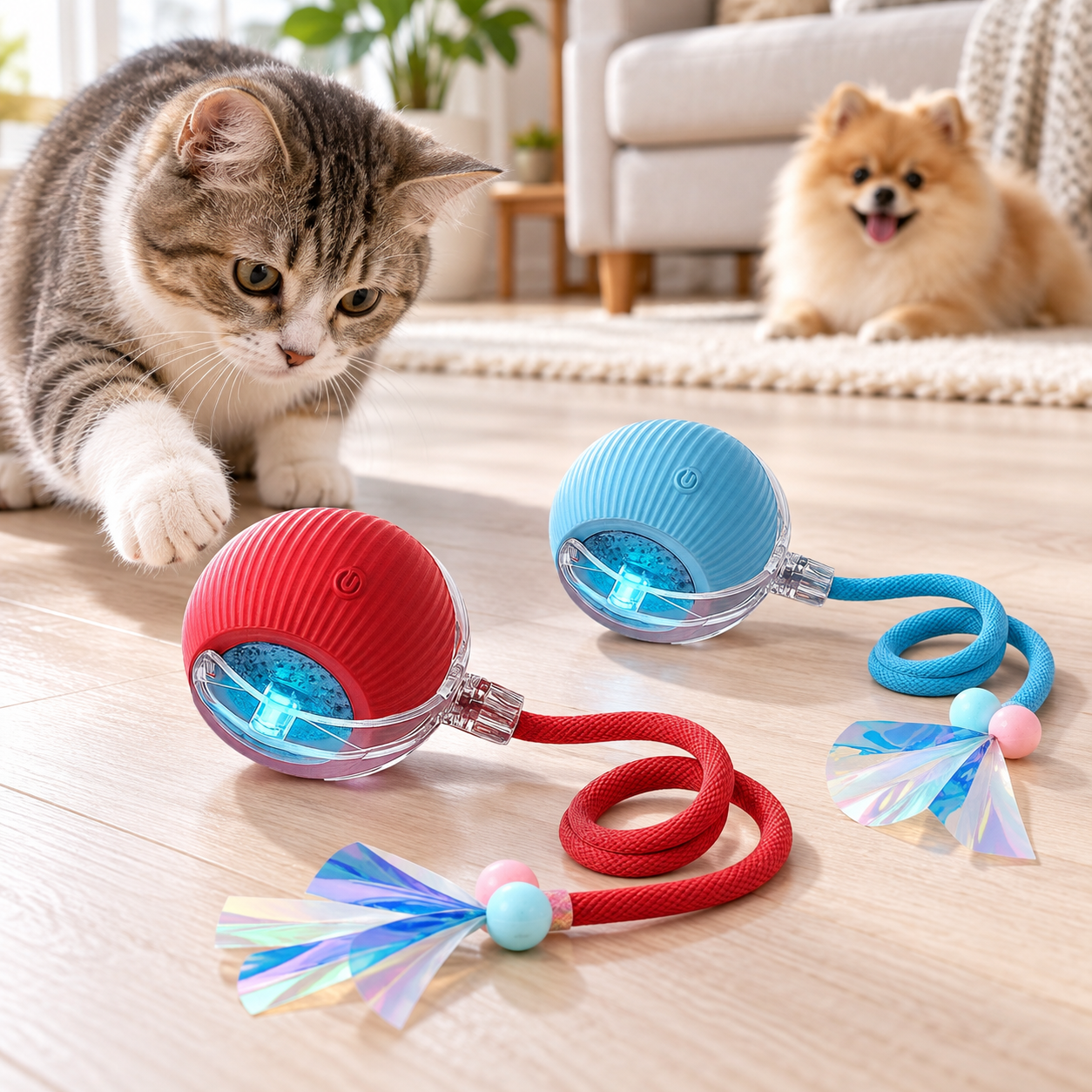 two interactive pet teaser toys with cat and dog nearby