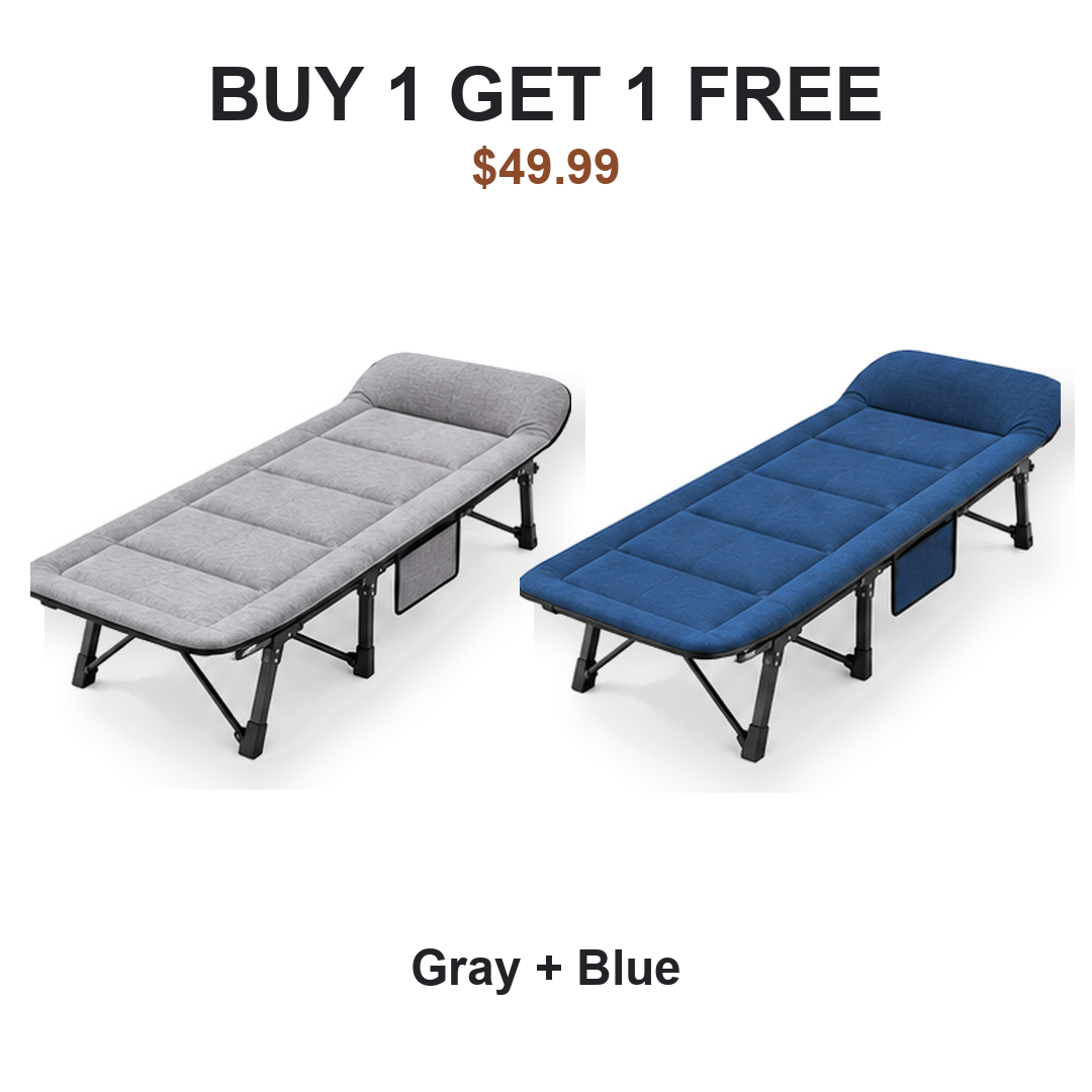 Buy one get one free camping cot pair: Cot #1 Gray, Cot #2 Blue