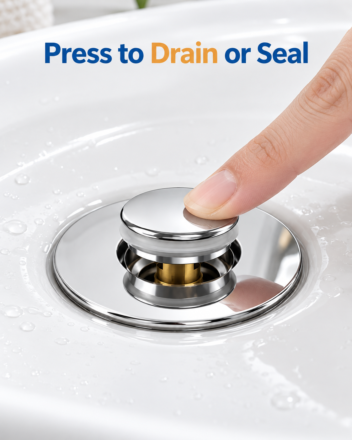 press stainless sink stopper top to drain or seal