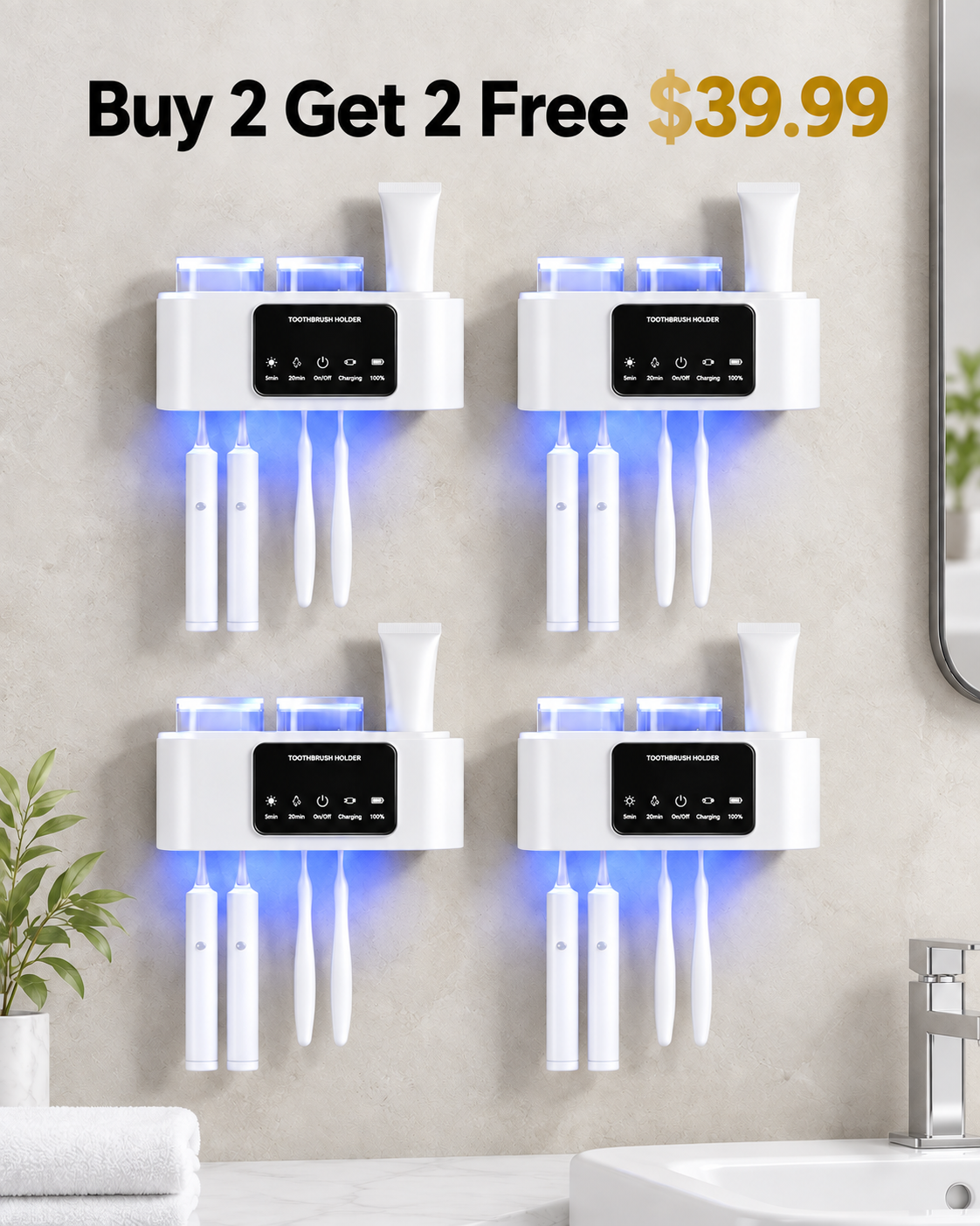 Buy 2 Get 2 Free four white wall mounted toothbrush holders 39.99 USD