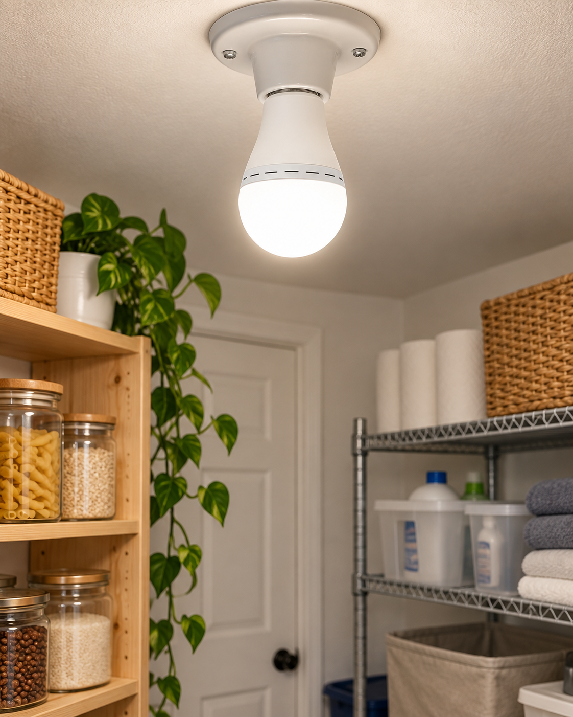 rechargeable LED emergency bulb installed in a pantry ceiling socket