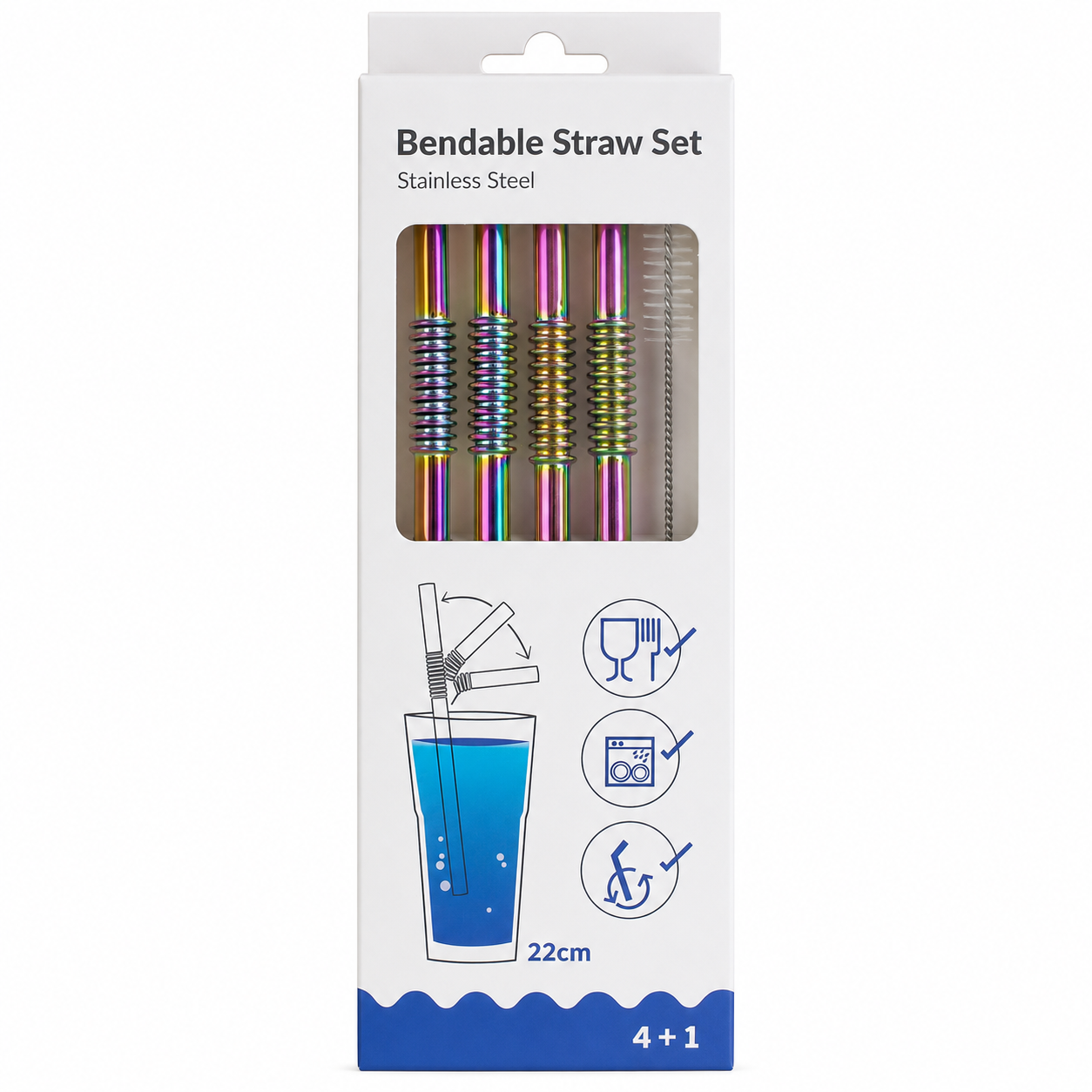 rainbow stainless steel bendable straw set package with cleaning brush