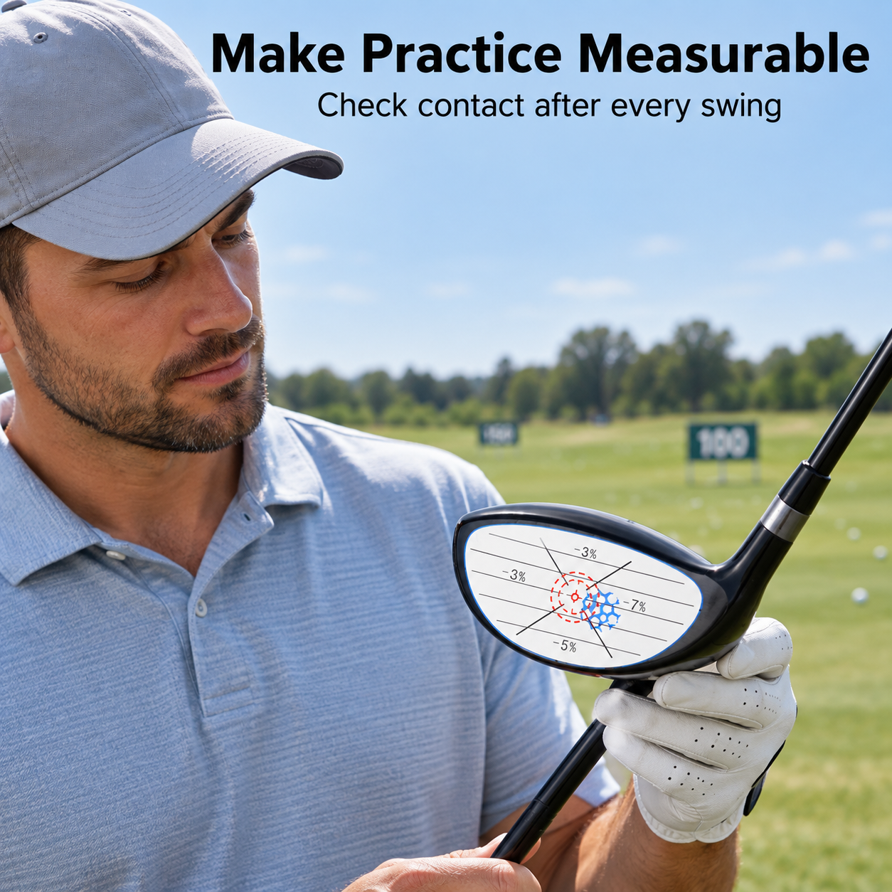 golfer checking blue contact marks on a driver impact label