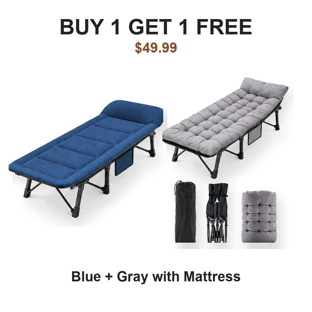 Buy one get one free camping cot pair: Cot #1 Blue, Cot #2 Gray with Mattress