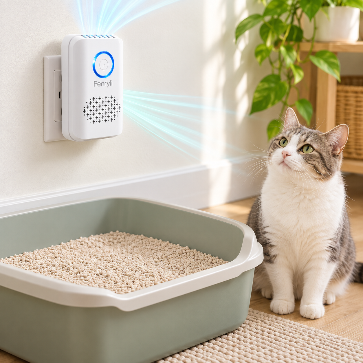 Fenryli plug in pet odor freshener mounted near a clean litter box area