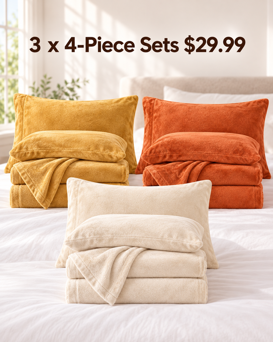 3 sets gold orange cream 4 piece velvet plush flannel sheet bundle 29.99 USD