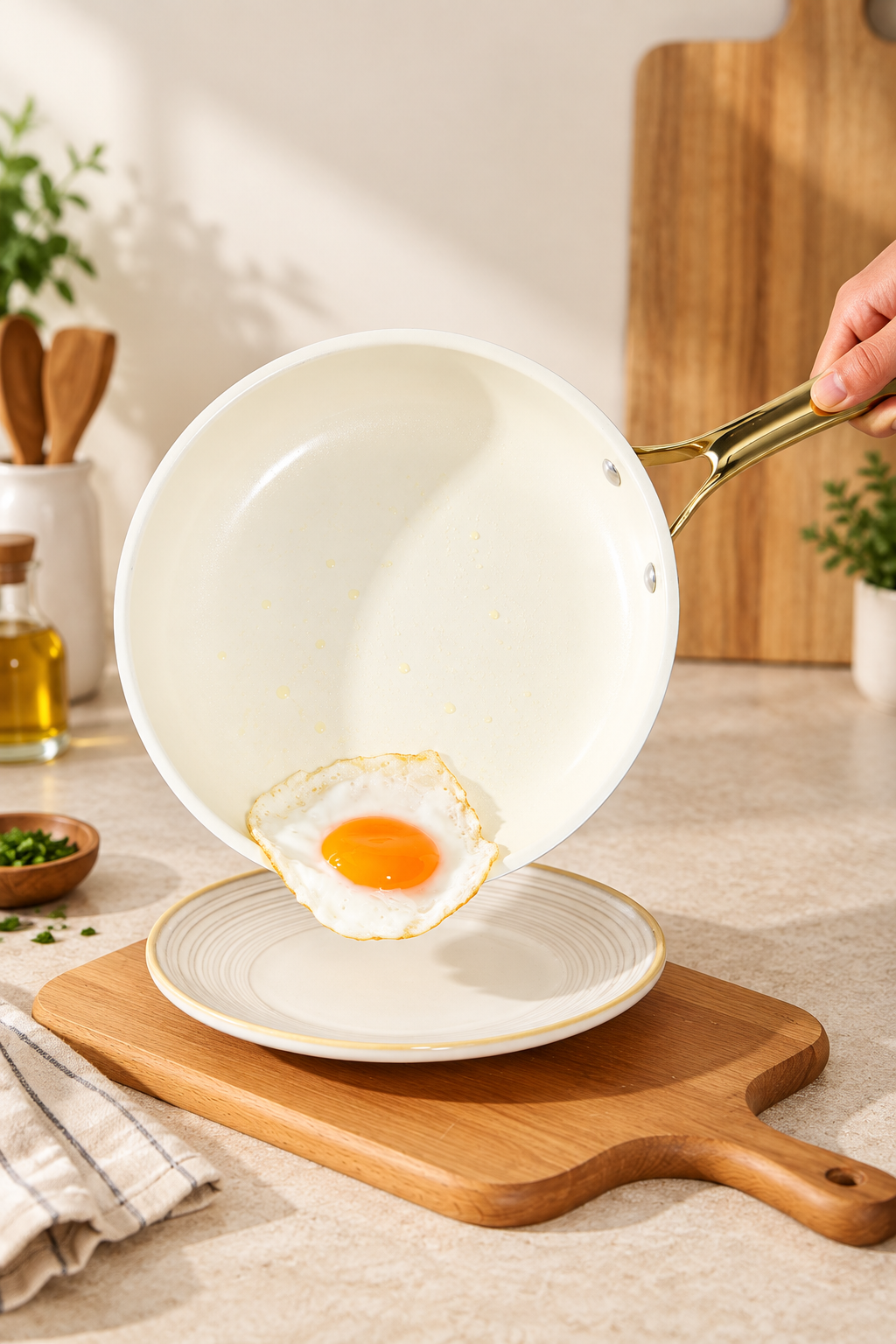 cream ceramic nonstick frying pan surface with egg release