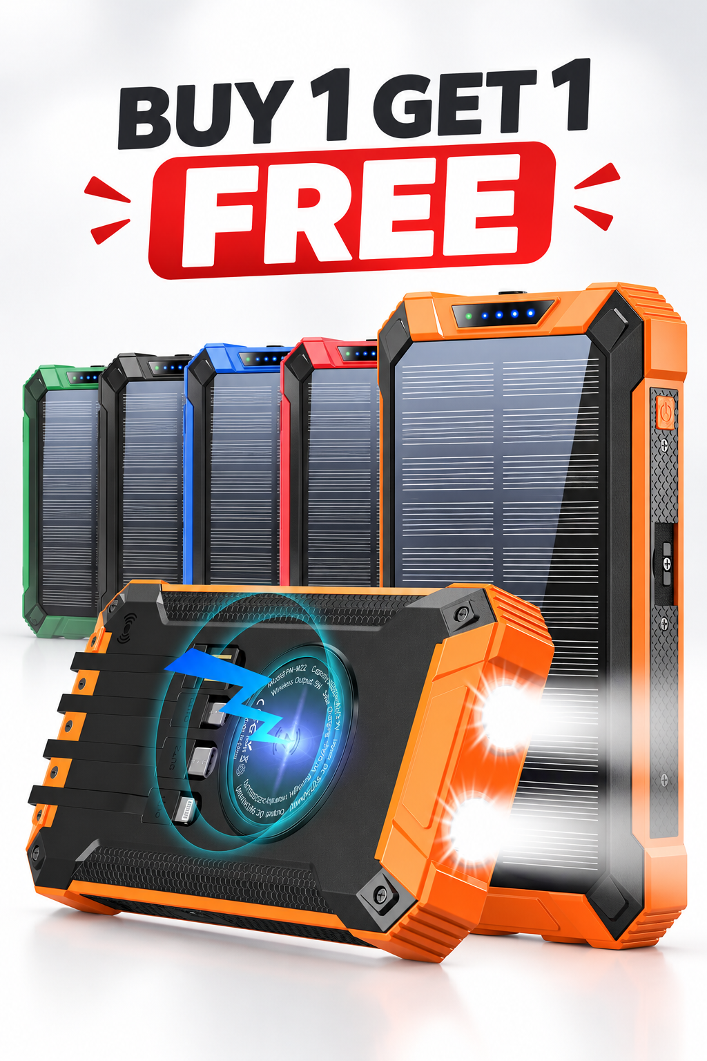 Buy 1 Get 1 Free W22 36000mAh solar power banks in five colors