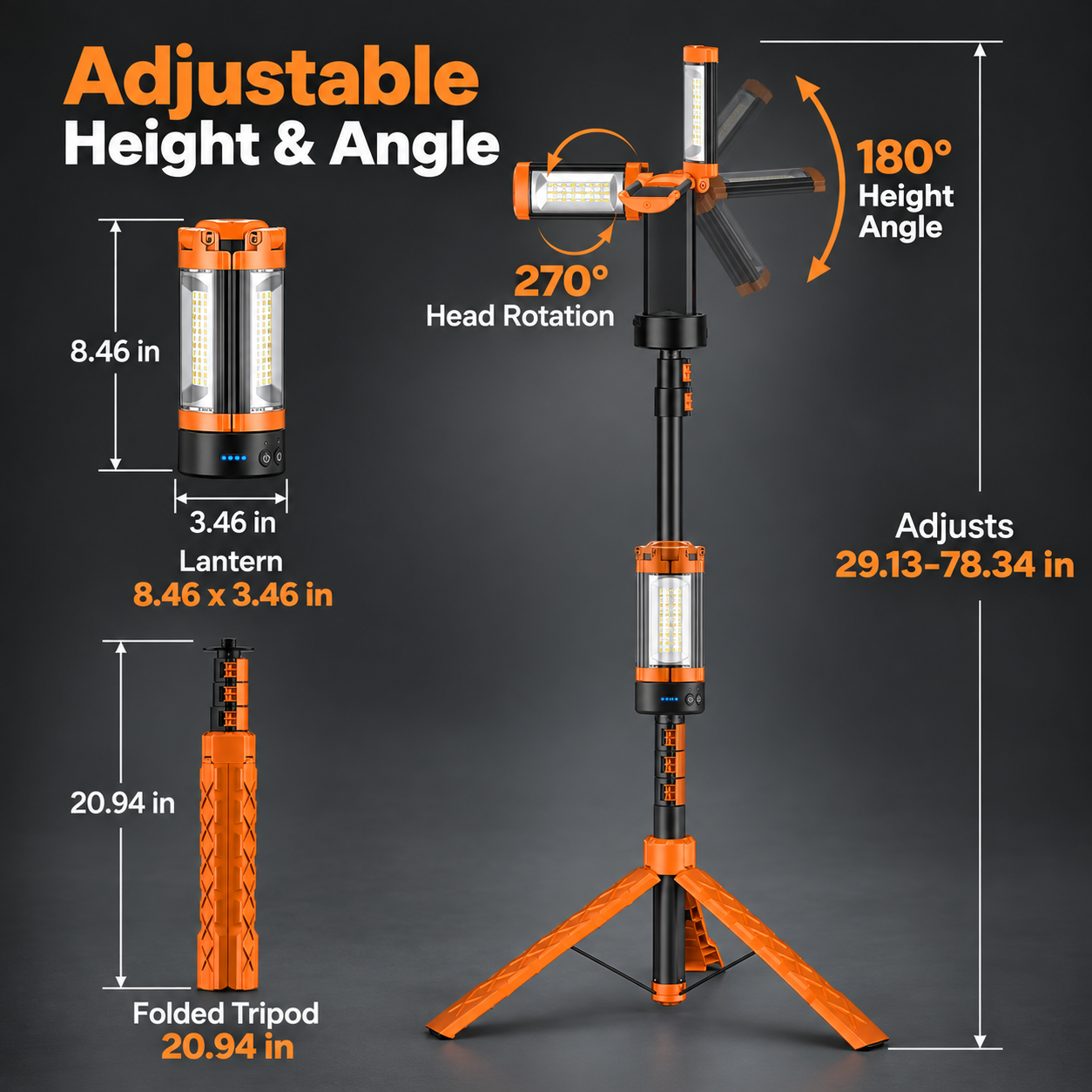 camping lantern dimensions tripod height range and fold-out light head angle guide
