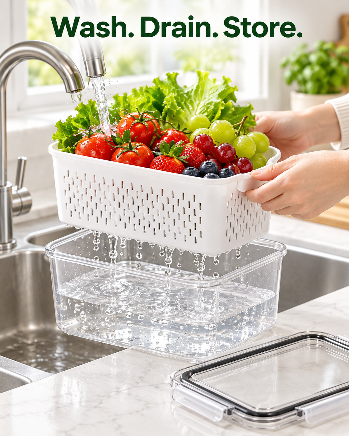 white removable drain basket rinsing produce above clear fridge organizer container