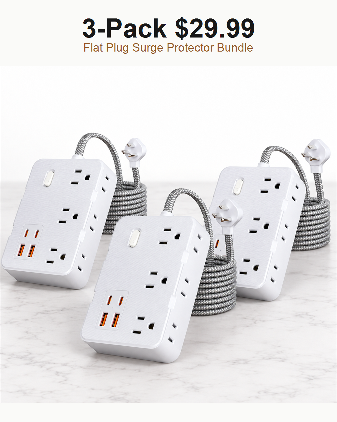 3 pack white flat plug surge protector power strips 29.99 USD