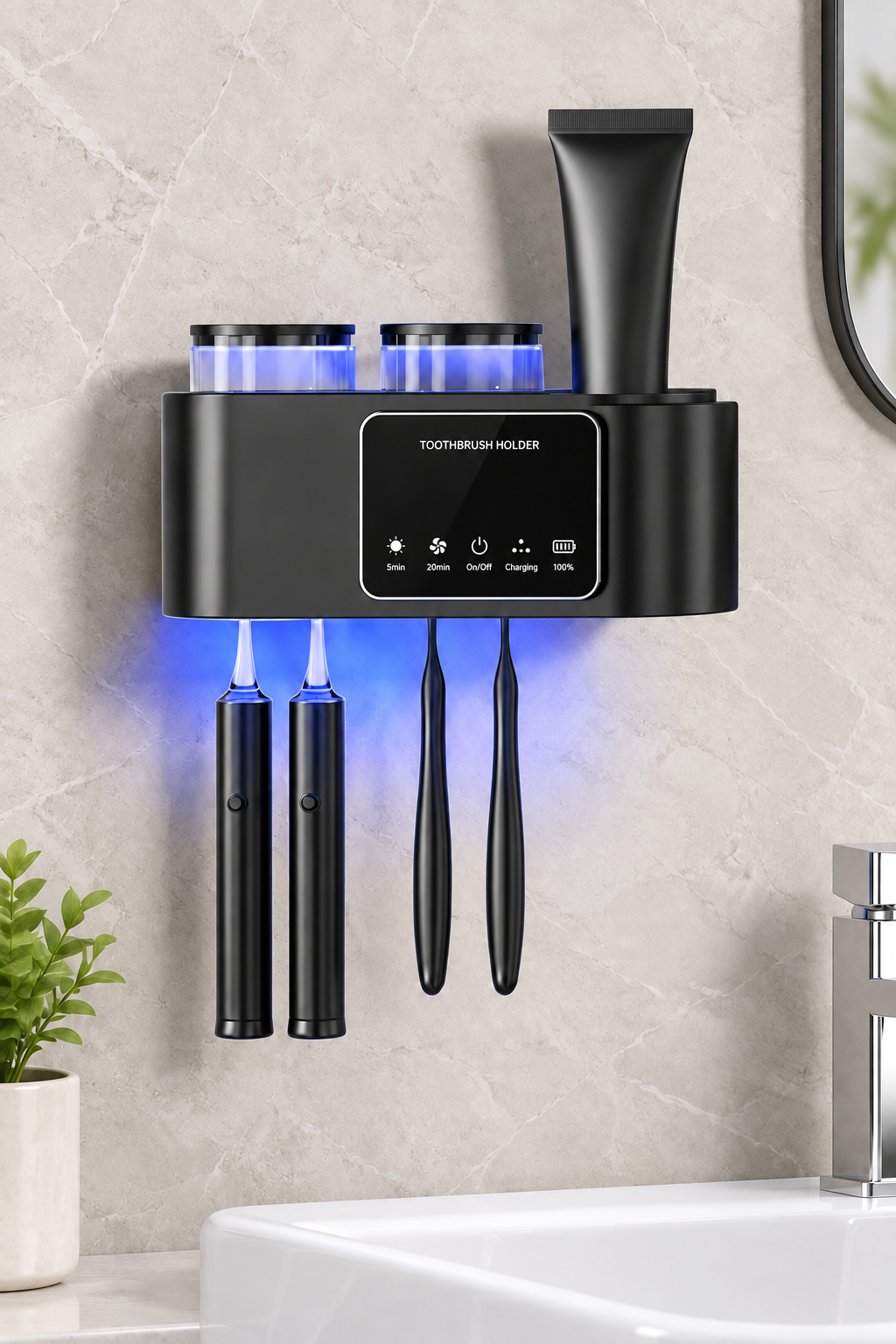 black wall mounted toothbrush holder with two cups in bathroom