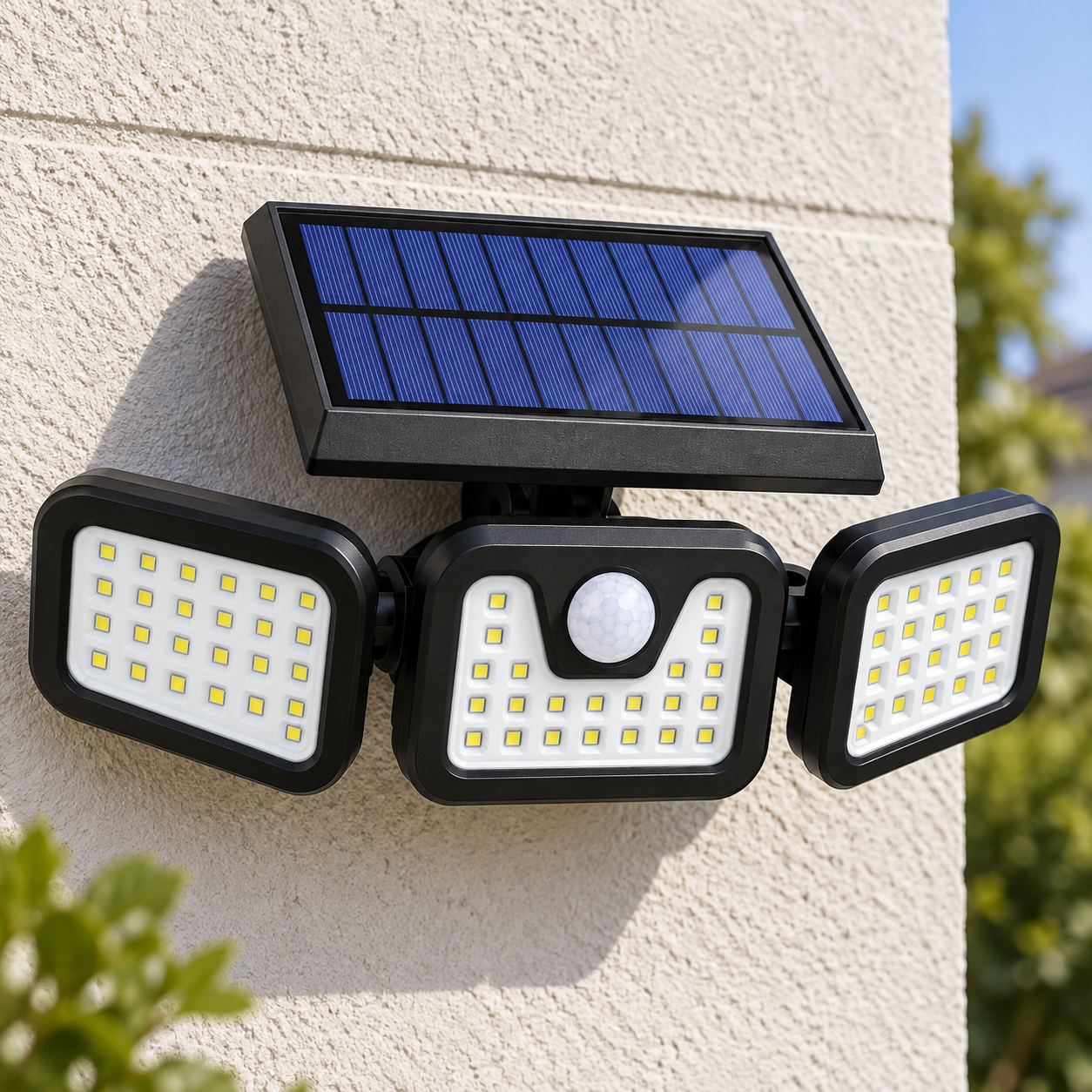 close up of three head solar wall light structure