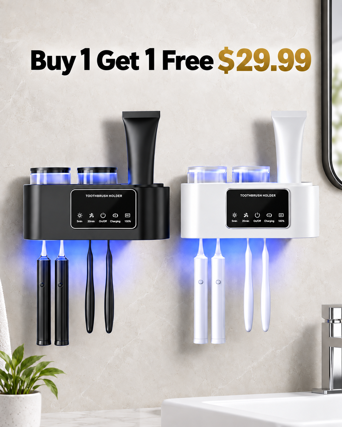 Buy 1 Get 1 Free wall mounted toothbrush holders black and white 29.99 USD