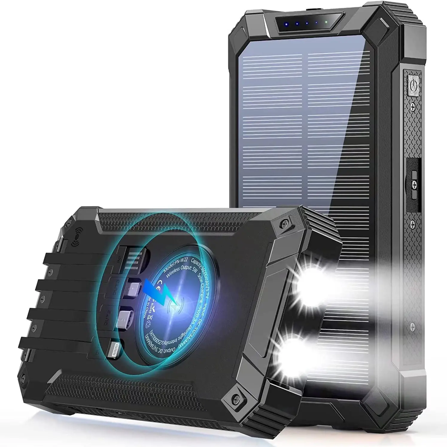 black W22 rugged solar power bank with solar panel and wireless charging