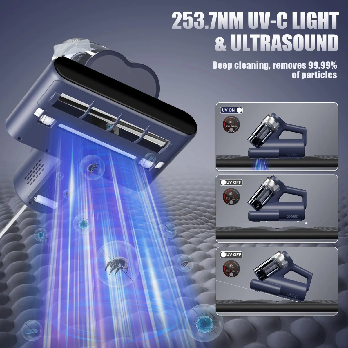 mattress vacuum UV-C and ultrasound fabric cleaning feature
