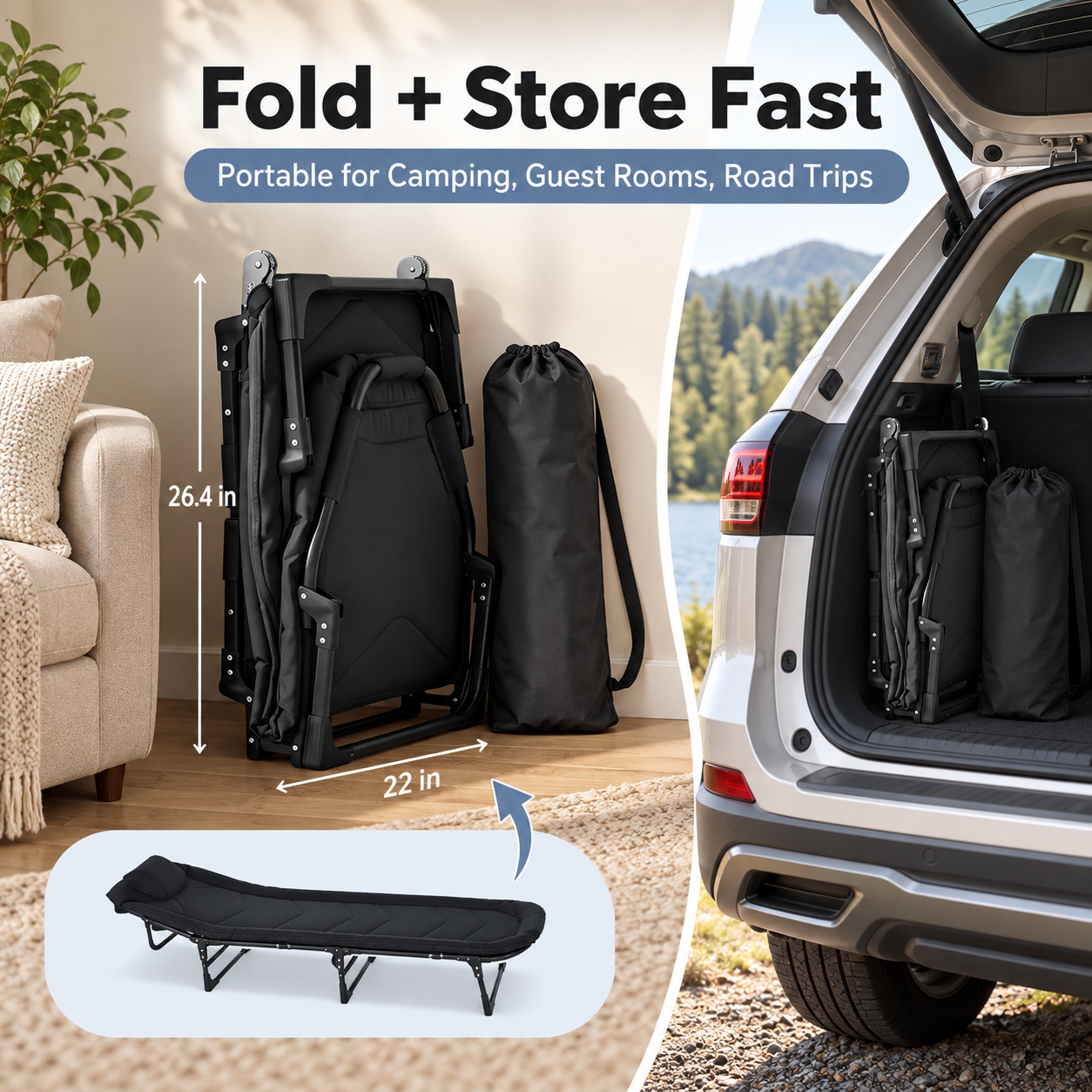 folded portable camping cot for storage and travel