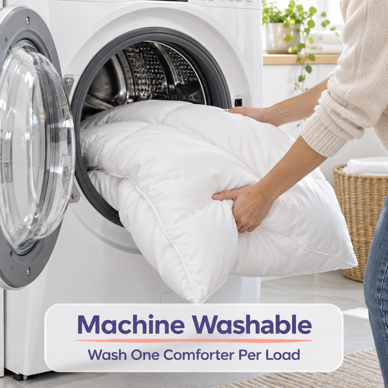 white double stuffed comforter loaded into a large front loading washer