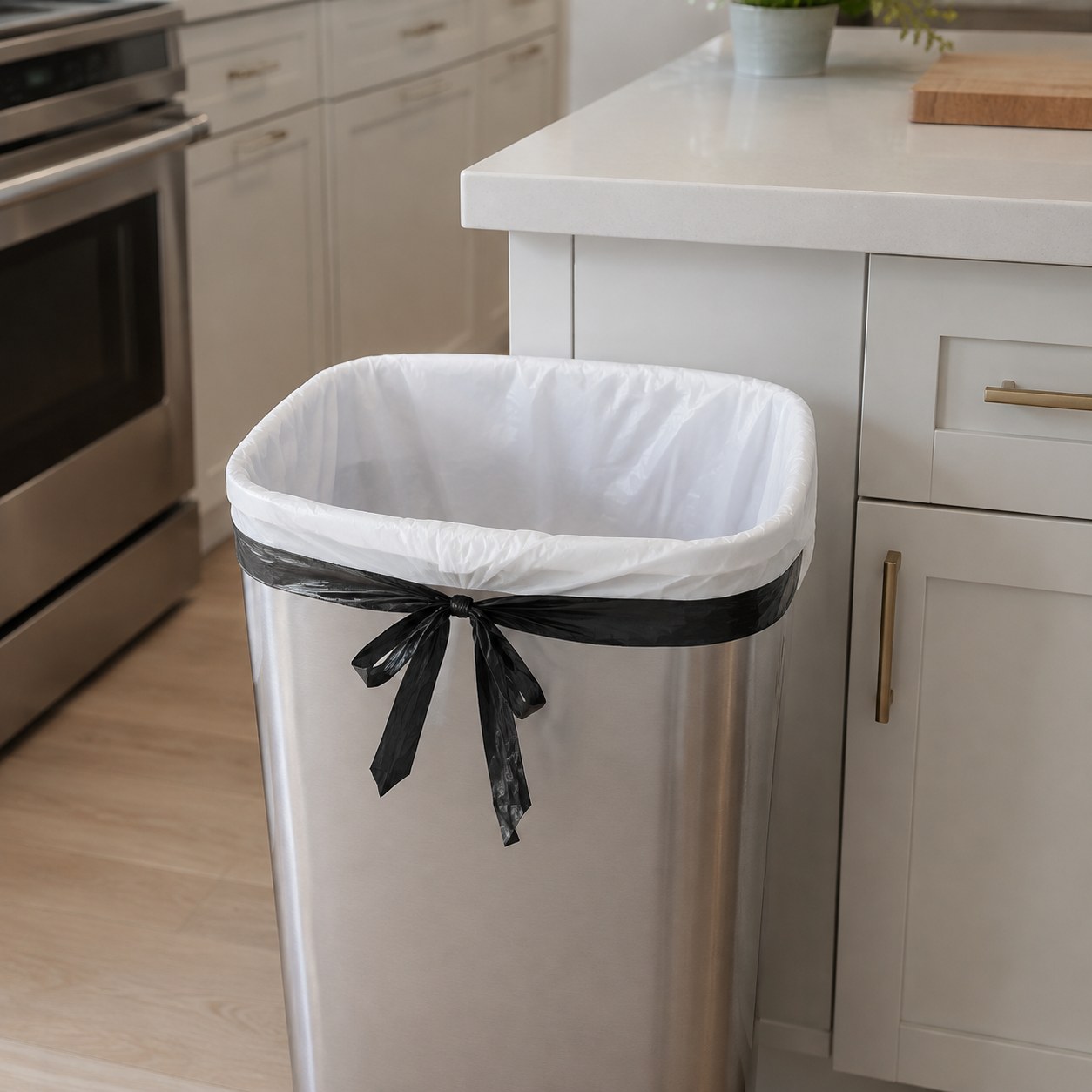 white drawstring trash bag lining a tall kitchen trash bin