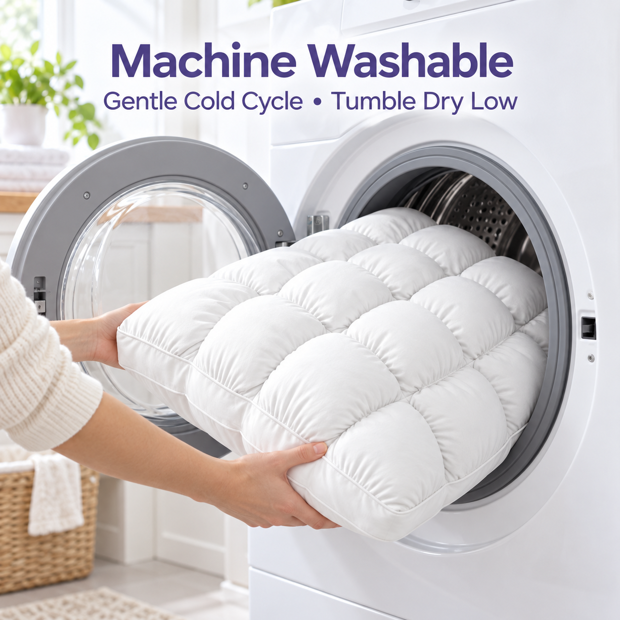 white puff grid pillow in a front loading washer for gentle cold cycle care