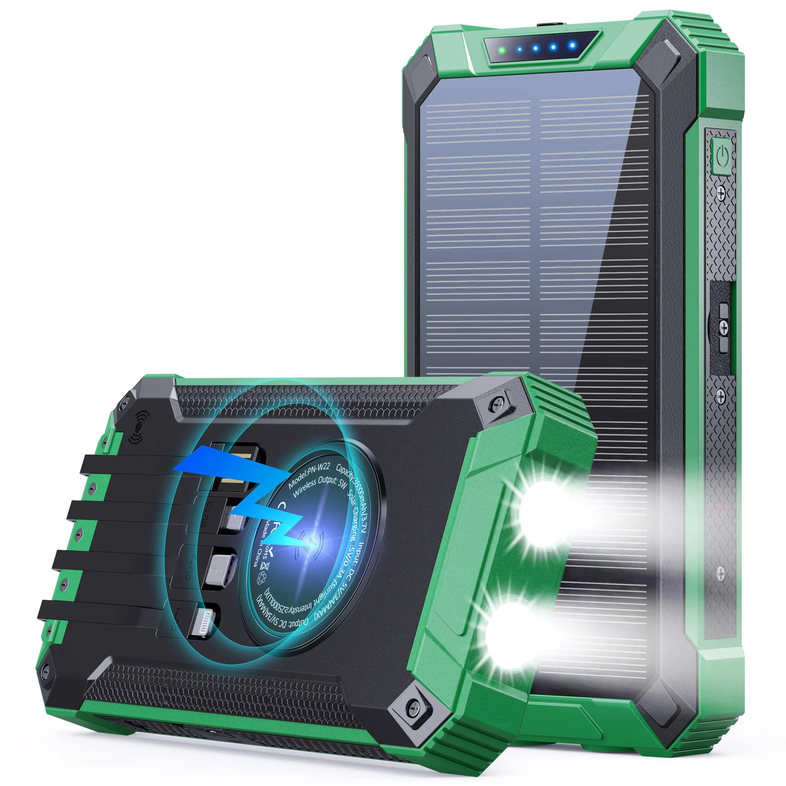 green W22 rugged solar power bank with solar panel and dual LED flashlight