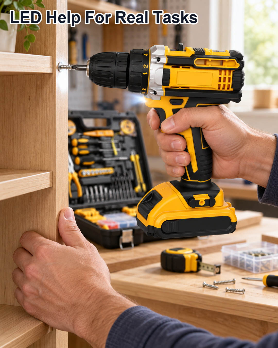 21V cordless drill LED work light and control details for shelves cabinets and dim corners