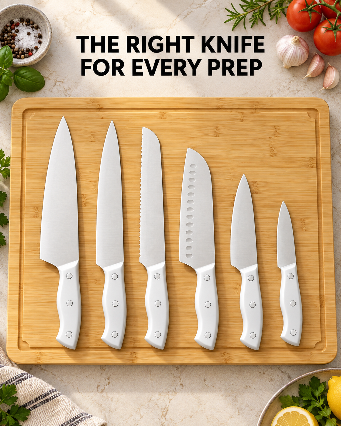 six main stainless steel kitchen knives with white triple rivet handles on bamboo board
